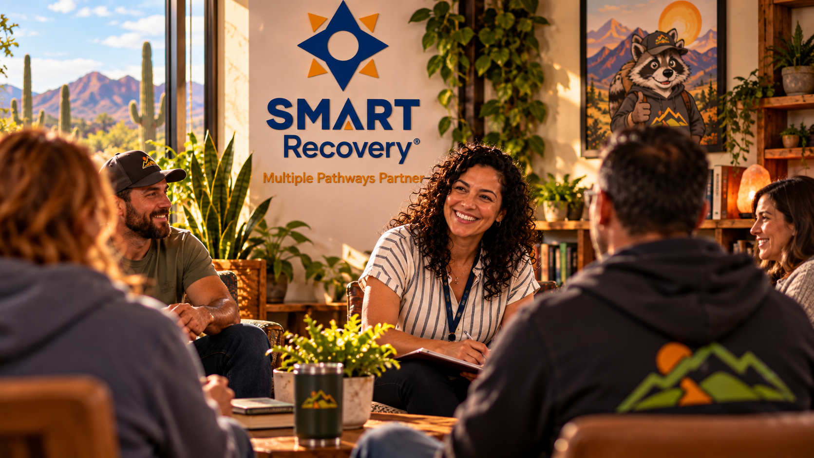 Participants smiling and connecting at a SMART Recovery meeting at Changing Lanes Recovery