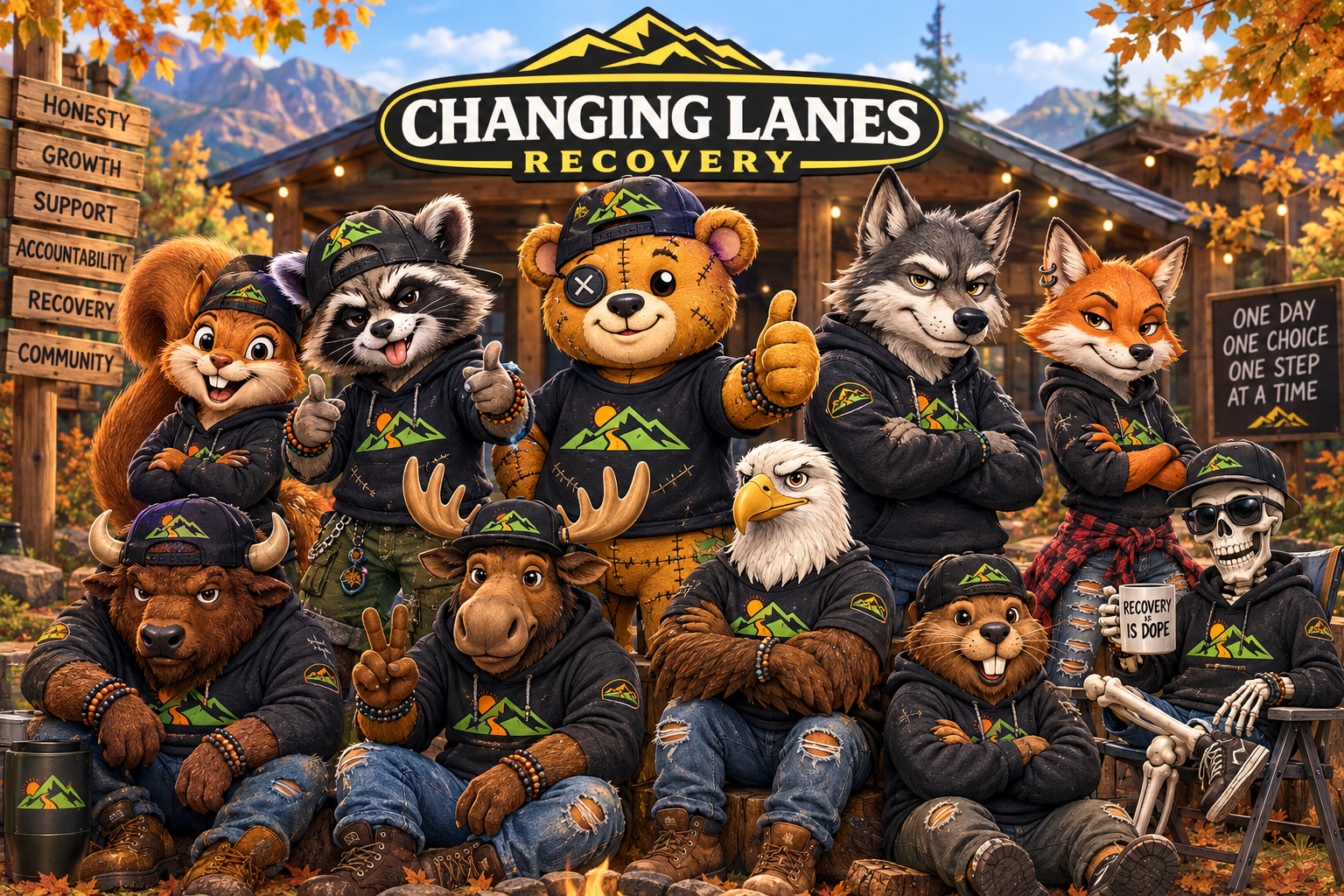 The Changing Lanes Recovery character community — a group of recovery mascots representing connection, support, and belonging